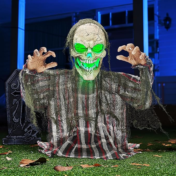 Animated Zombie Groundbreaker Graveyard Decor Outside, 25’’ Groundbreaker Skeleton Prop with Moving Arms & Green Light, Lawn Yard Haunted House Decor