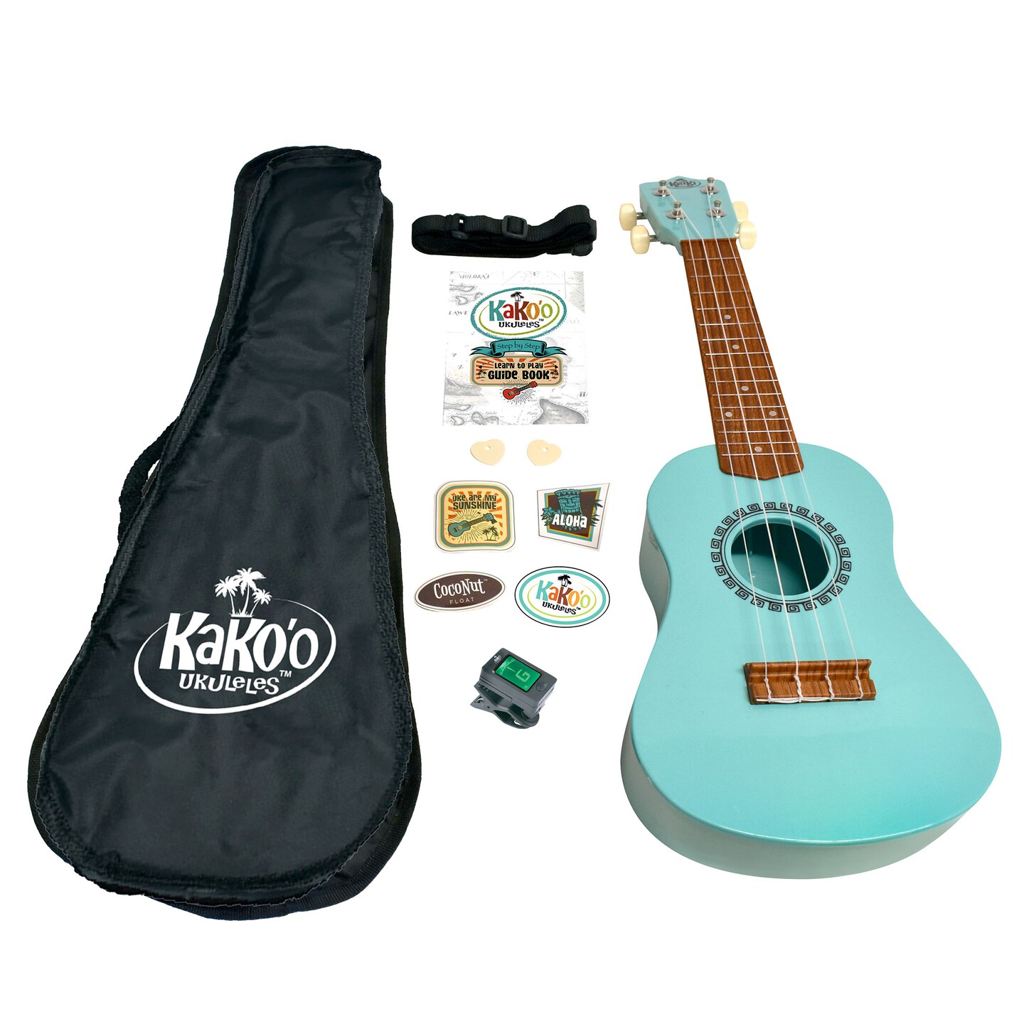 KaKo&#x27;o: 21&#x22; Professional Wooden Ukulele Set - Seafoam Green - Soprano Ukulele Set Contains Guidebook, Digital Tuner, Carry Case w/ Strap, Two Picks, &#x26; Stickers, Water Resistant, Durable Construction, Easy To Tune, Beginner To Advanced Players