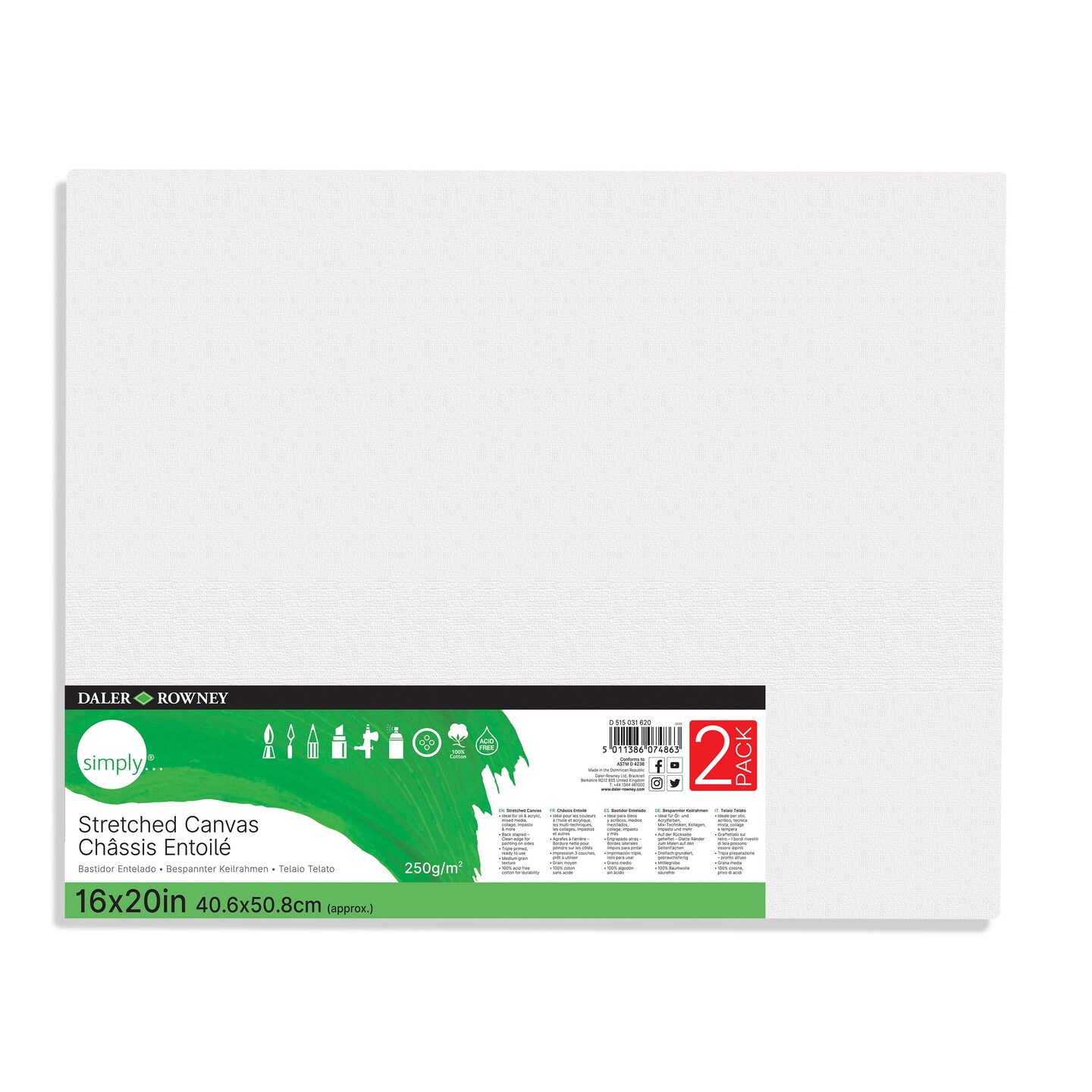 Daler-Rowney Simply Stretched Canvas 2/Pkg-16&#x22;X20&#x22;