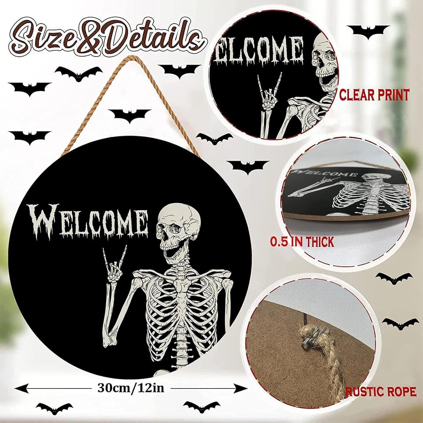 Halloween Wreath Door Sign Decorations Wreath Skull Welcome Door Sign Front for Door Decoration, Rustic Wooden Holiday Decor for Porch Window Wall Farmhouse Indoor Outdoor(Human Skeleton)