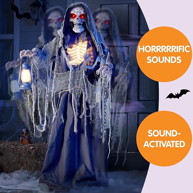 Grim Reaper Animated Decoration with Spooky and Light-Up Eyes/Creepy Sound/Moving Arms &#x26; Head (Sound Activated) for Halloween Decorations Outdoor Indoor