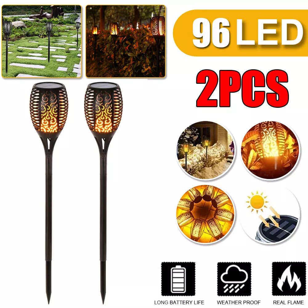Kitcheniva 2 Pcs 96 LED Solar Flame Torch Light Outdoor Flickering Waterproof