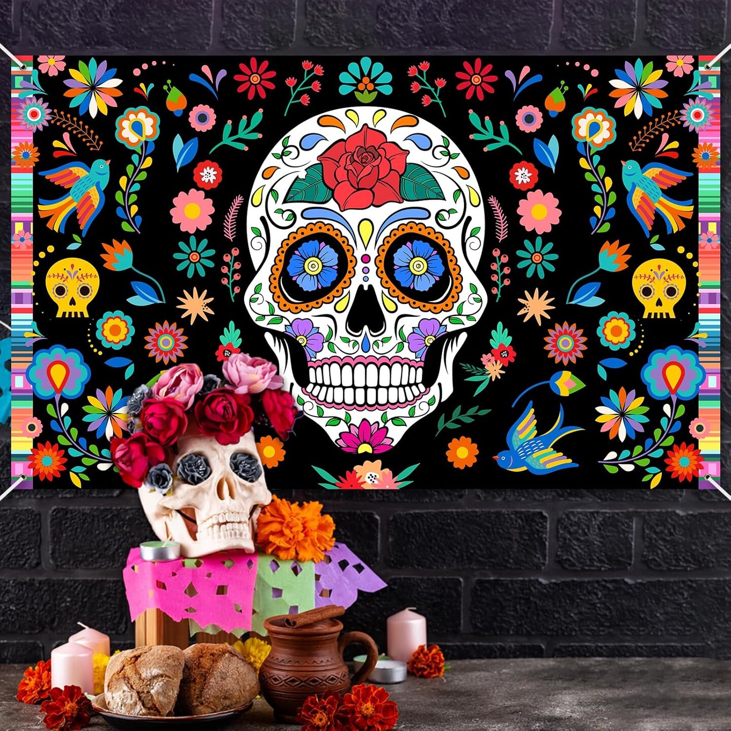 Day of The Dead Backdrop Mexican Fiesta Flowers Sugar Skull Background Dia DE Los Muertos Party Banner Day of The Dead Decorations for Photos 70.8x43.3inch