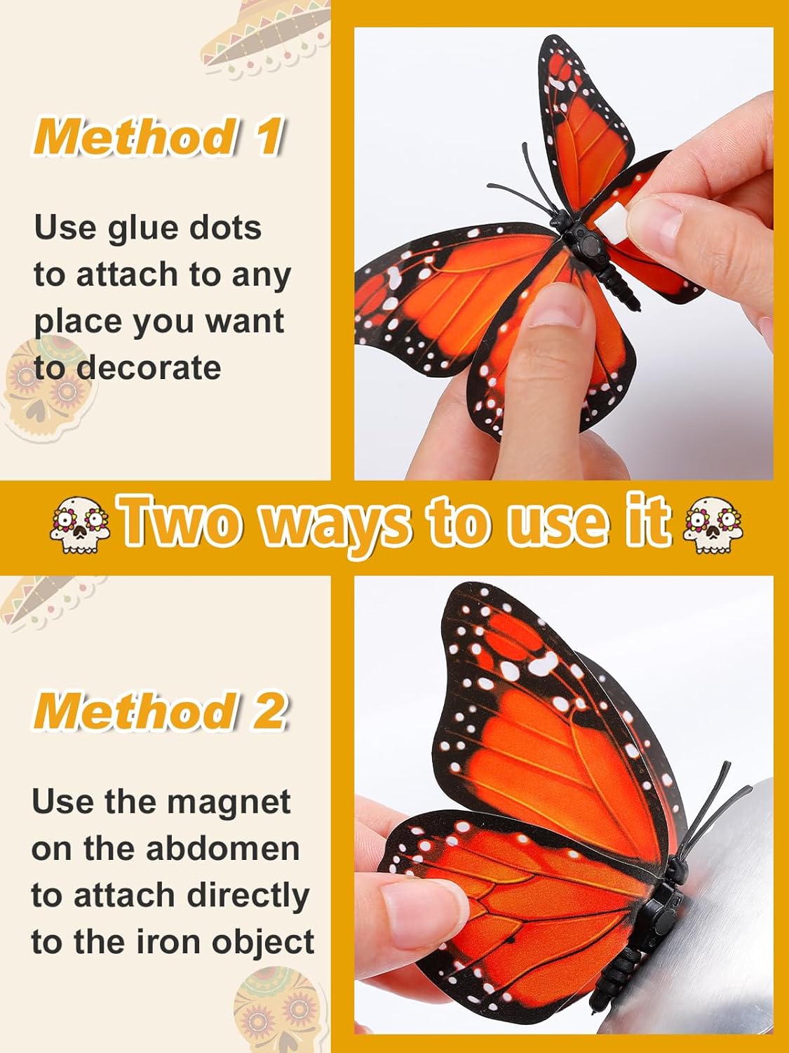 Day of The Dead Monarch Butterfly Decorations, 48 Pcs Halloween Orange Artificial 3D Premium Fake Butterflies Craft, Wall Refrigerator Decor for Dia De Los Muertos Ofrenda Altar