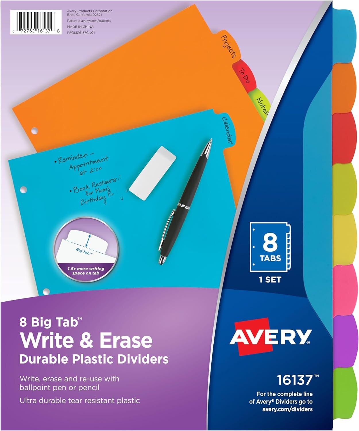 Binder Tabs - 3 Ring Binder Dividers with Tabs - Write &#x26; Erase Durable - Plastic Dividers - 8-Tab Set - 8 Assorted Colors - Big Tab Dividers for 3 Ring Binder