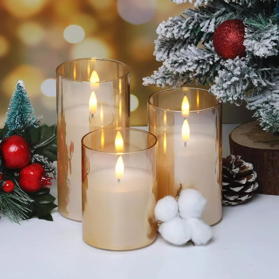 3Pack Gold Glass Flameless LED Candles with Remote Battery Operated Flickering