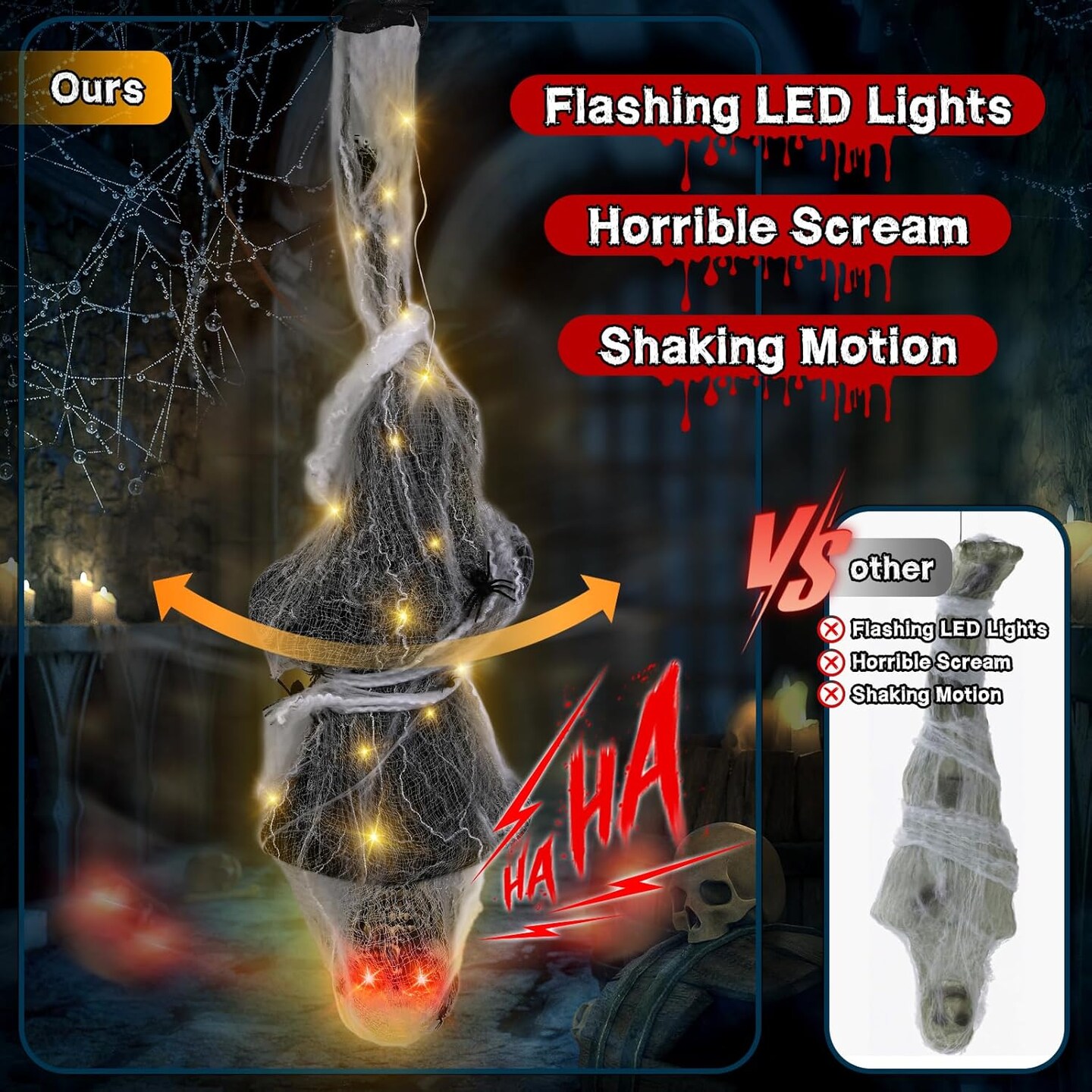 Halloween Decoration Cocoon Corpse, Animated Scary Hanging Dead Body Prop with Light Full Body LED Eye & Spooky Sound, Halloween Outdoor Yard, Lawn Decoration, Haunted House Decor