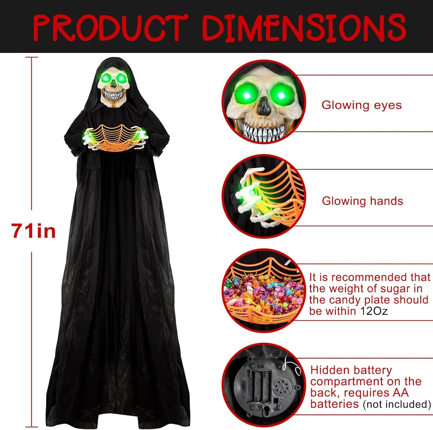 71&#x201D; Halloween Hanging Animated Skeleton Ghost Decoration with Sound Activated, Candy Dish, Glowing Eyes, Spooky Sounds for Halloween Haunted House Prop and Party Decor, Indoor/Outdoor Display