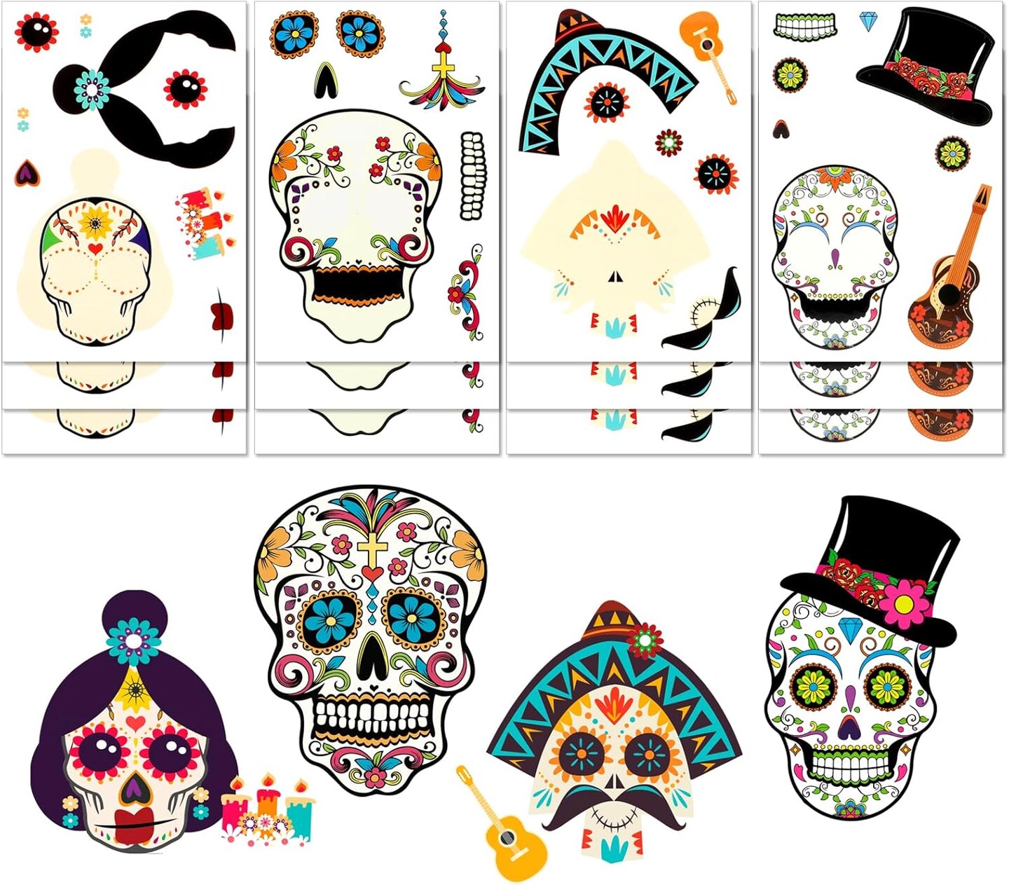 Day of The Dead DIY Stickers, 24 Sheets Halloween Sugar Skull Crafts Gift Dia De Los Muertos Party Games Supplies Make Your Own Skull Stickers for Kids