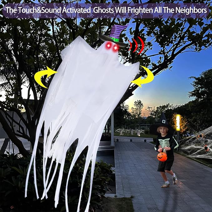 Animatronic Hanging Ghost Sound Activated Color Changing Eyes Spooky Laugh Sound Lighted Flying Ghost Halloween Decoration Outdoor Haunted House Prop Yard