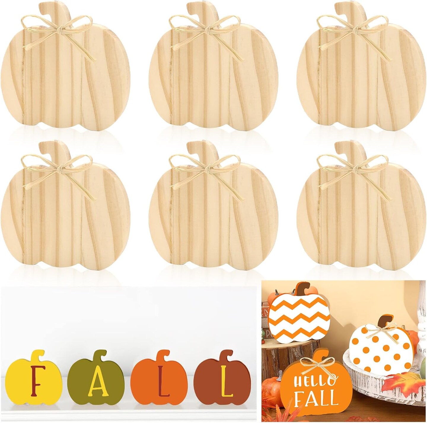6Pcs Fall Pumpkin Wooden Sign Cutouts with Raffia
