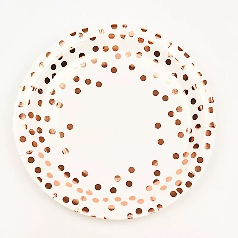 25 White 9&#x22; Round Paper Plates Rose Gold Polka Dots Party Events Home Tableware