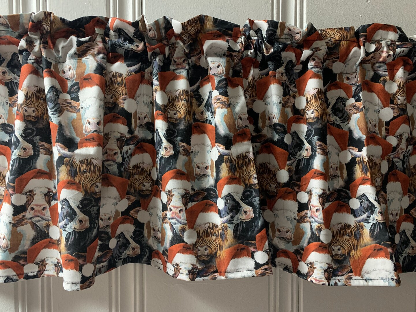 product name is Christmas Cows Valance Curtain 42x14 Holiday Kitchen Bedroom Basement RV Camper