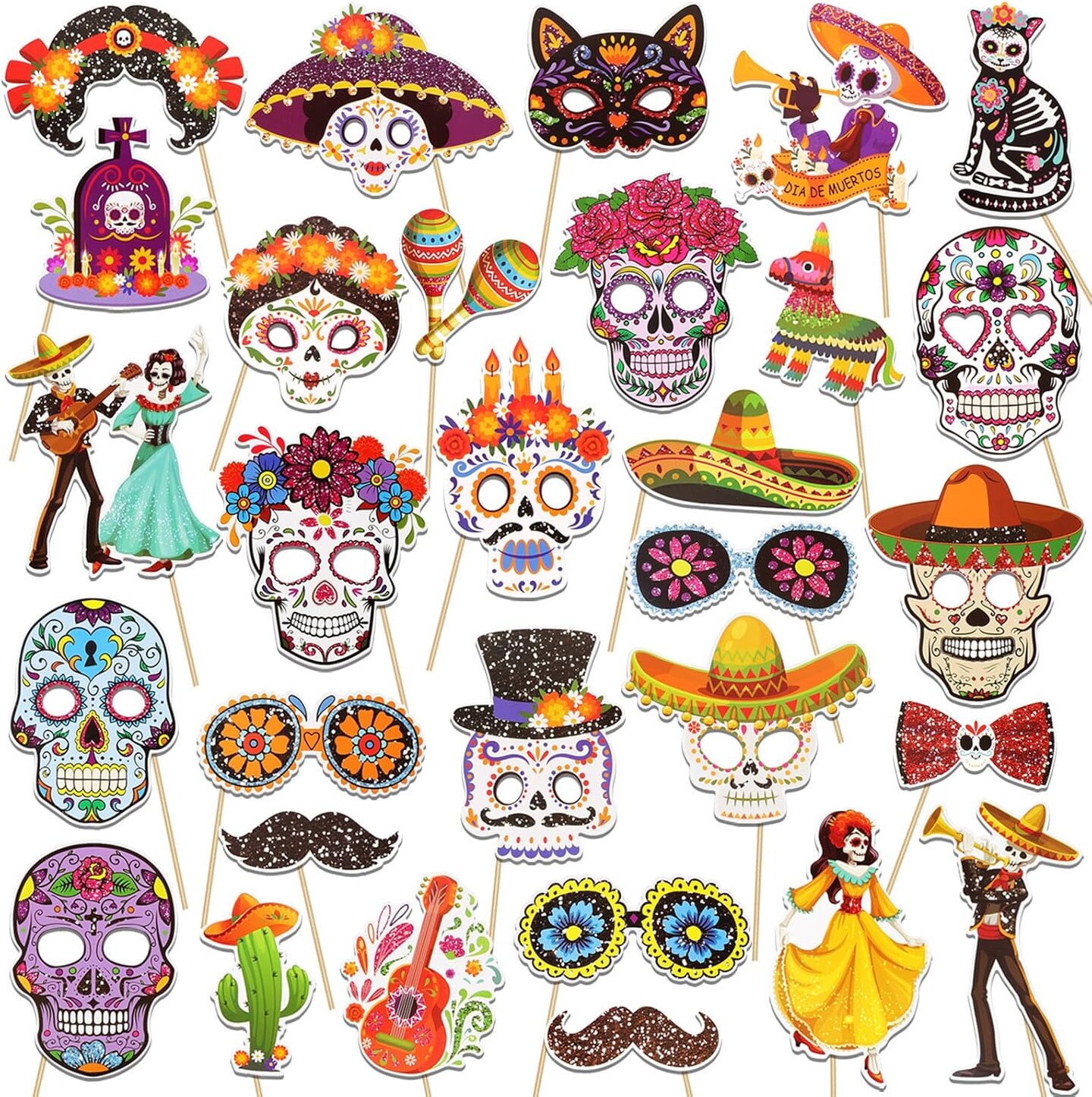 Glitter Day of The Dead Photo Booth Props, Dia De Los Muertos Skull Decorations Photo Props Kits for Day of The Dead Party Favor, Mexican Fiesta Halloween Glitter Prop Pose Sign 30pcs