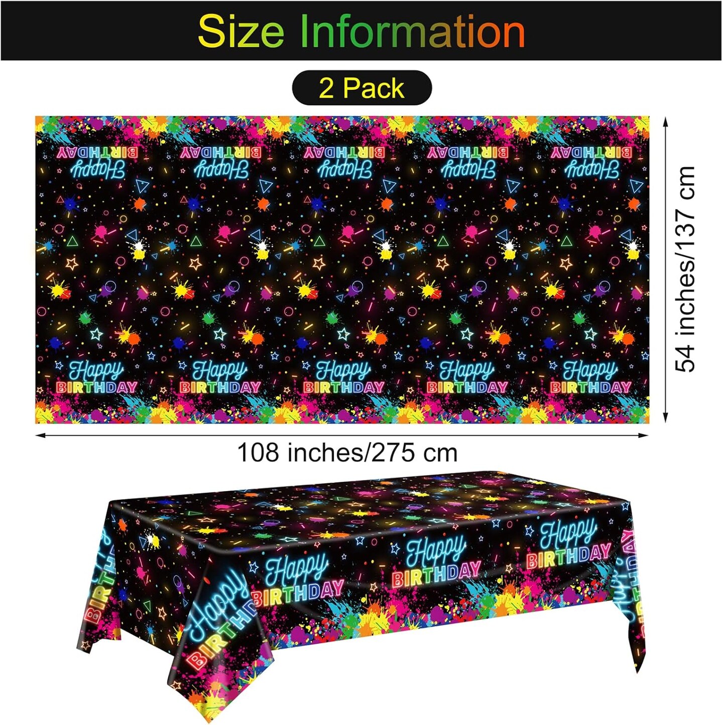 2 Pack Glow in The Dark Birthday Party Tablecloth Neon Plastic Disposable Table Cover Paint Graffiti Happy Birthday Table Decorations for Let&#x27;s Glow Birthday Party, 54 x 108 Inch