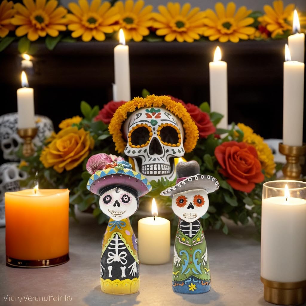 Altar Ofrenda Sugar Skulls Couple Decorations for Home Table, Catrinas Mexican Resin Statue Halloween Skeleton Gifts