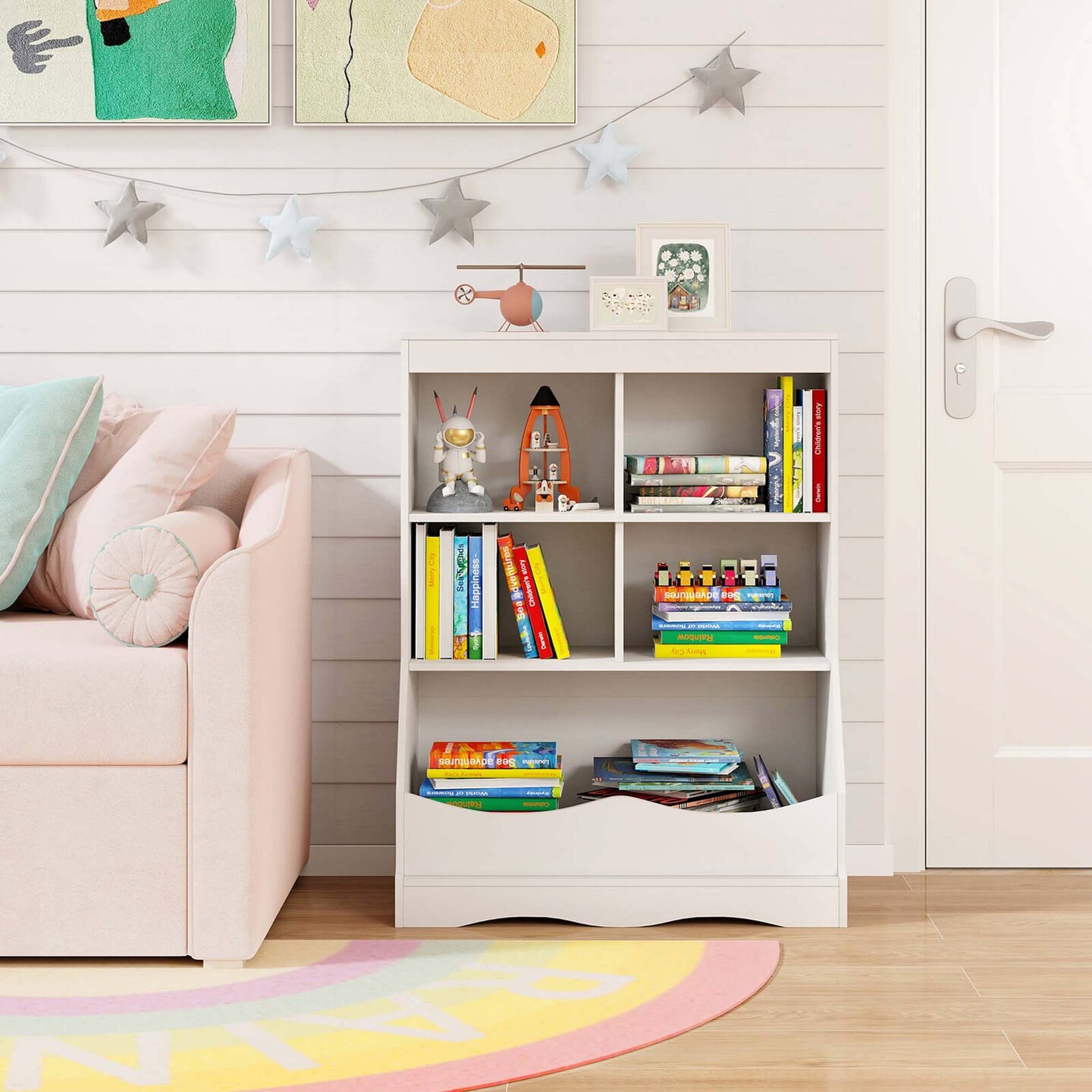 Costway 3-Tier Children&#x27;s Multi-Functional Bookcase Toy Storage Bin Floor Cabinet Gray/White/Natural