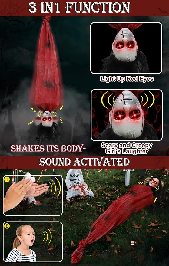 Decorations Animatronic Dead Victim with Creepy Girl Laughter Light Up Red Eyes Shake Head Sound Activated Halloween Prop for Haunted House Yard Decor