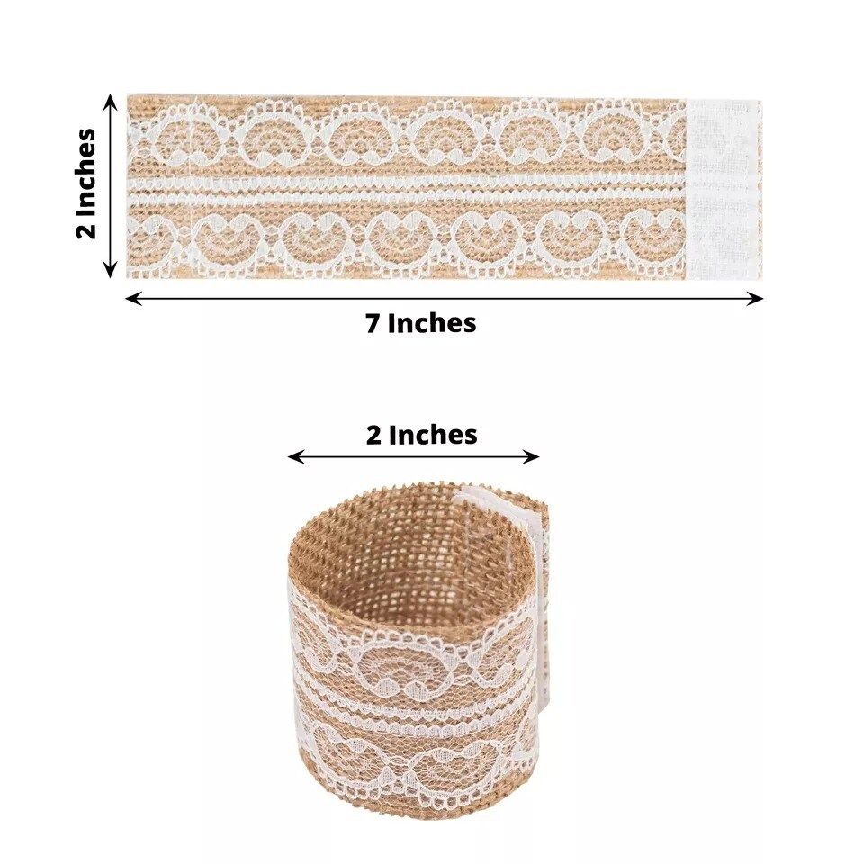 6 Natural White Rustic Jute Lace Fabric Napkin Rings Party Events Decorations