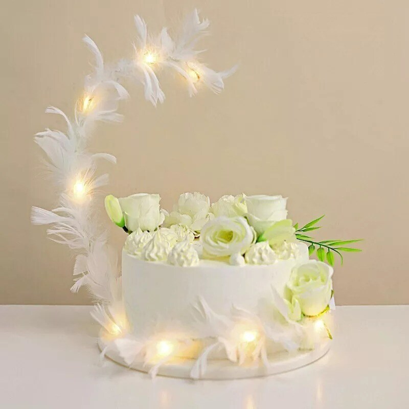 Warm White Real Feathers Adjustable Light Up LED Cake Topper Party Decorations