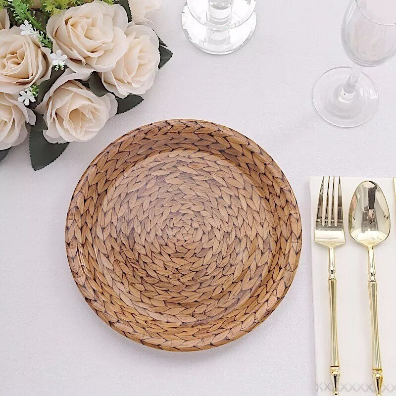 25 Natural 9&#x22; Woven Rattan Print Paper Dinner Plates Party Events Decorations