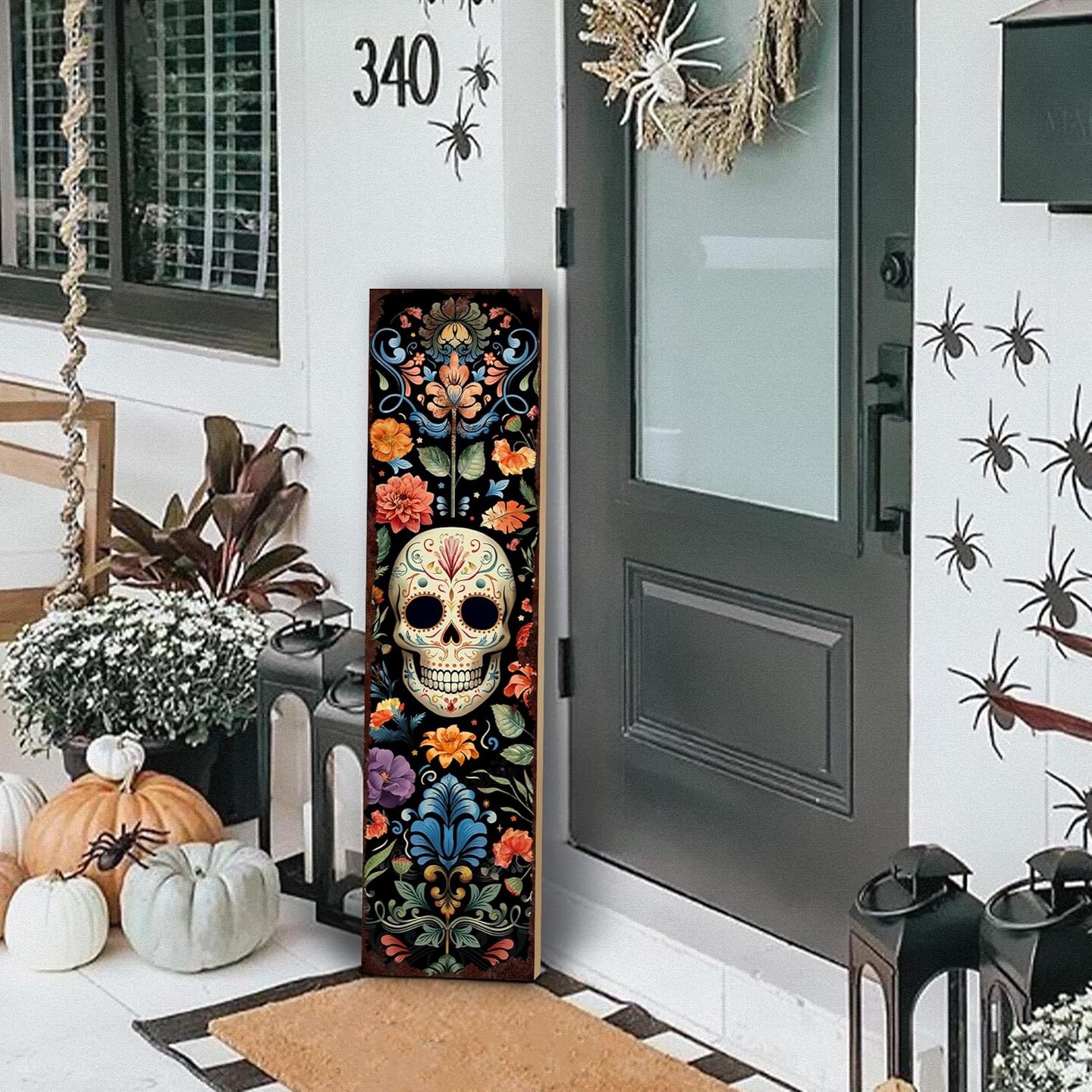 Halloween Front Porch Sign Day of the Dead Wooden Sign Dia De Los Muertos Sugar Skull Welcome Sign, Fall Porch Sign for Front Door Decorations, Lawn Decor Garden Hanging Signs Wall Sign 31.5&#x22;H