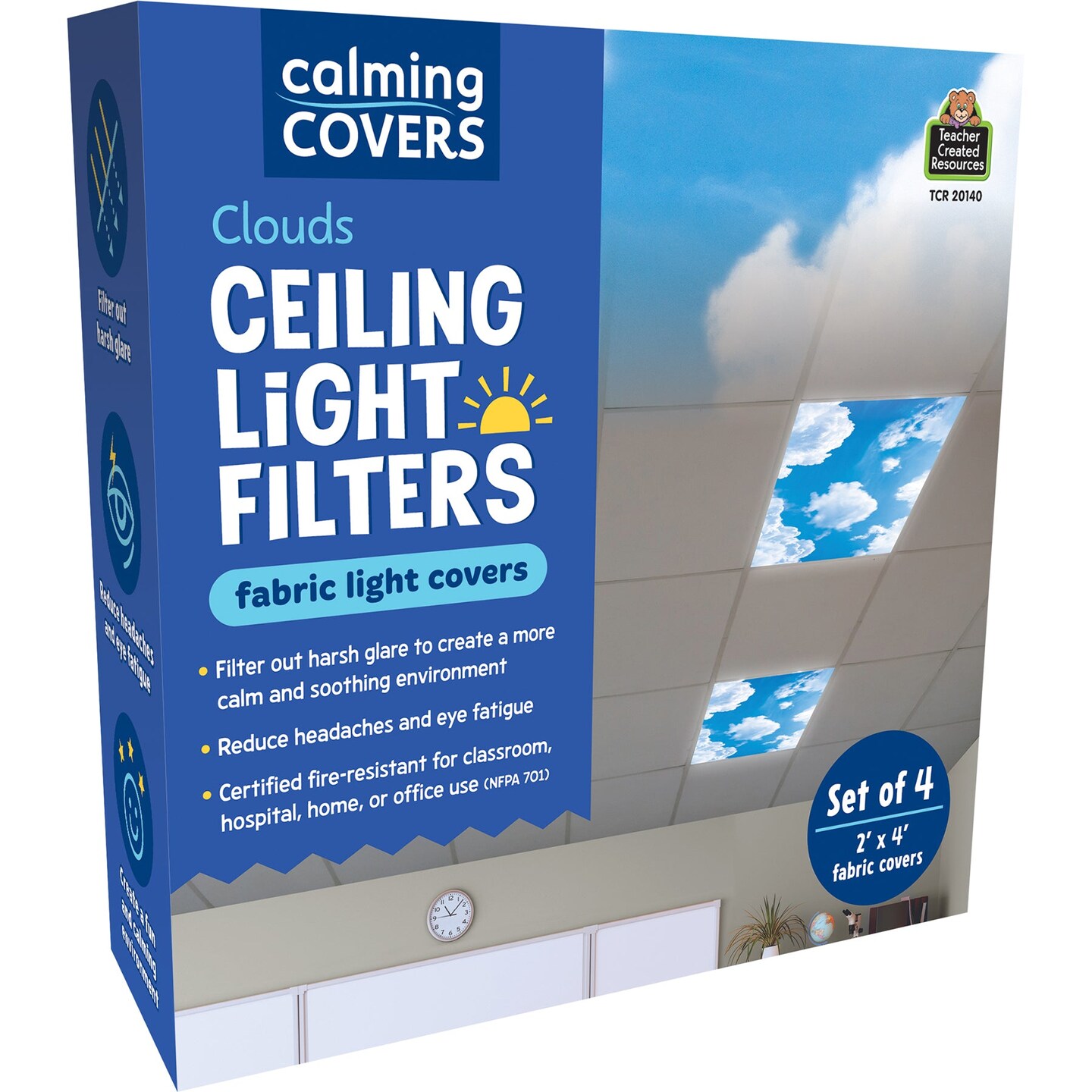 Calming Covers Ceiling Light Filters, 2&#x27; x 4&#x27;, Clouds, Pack of 4