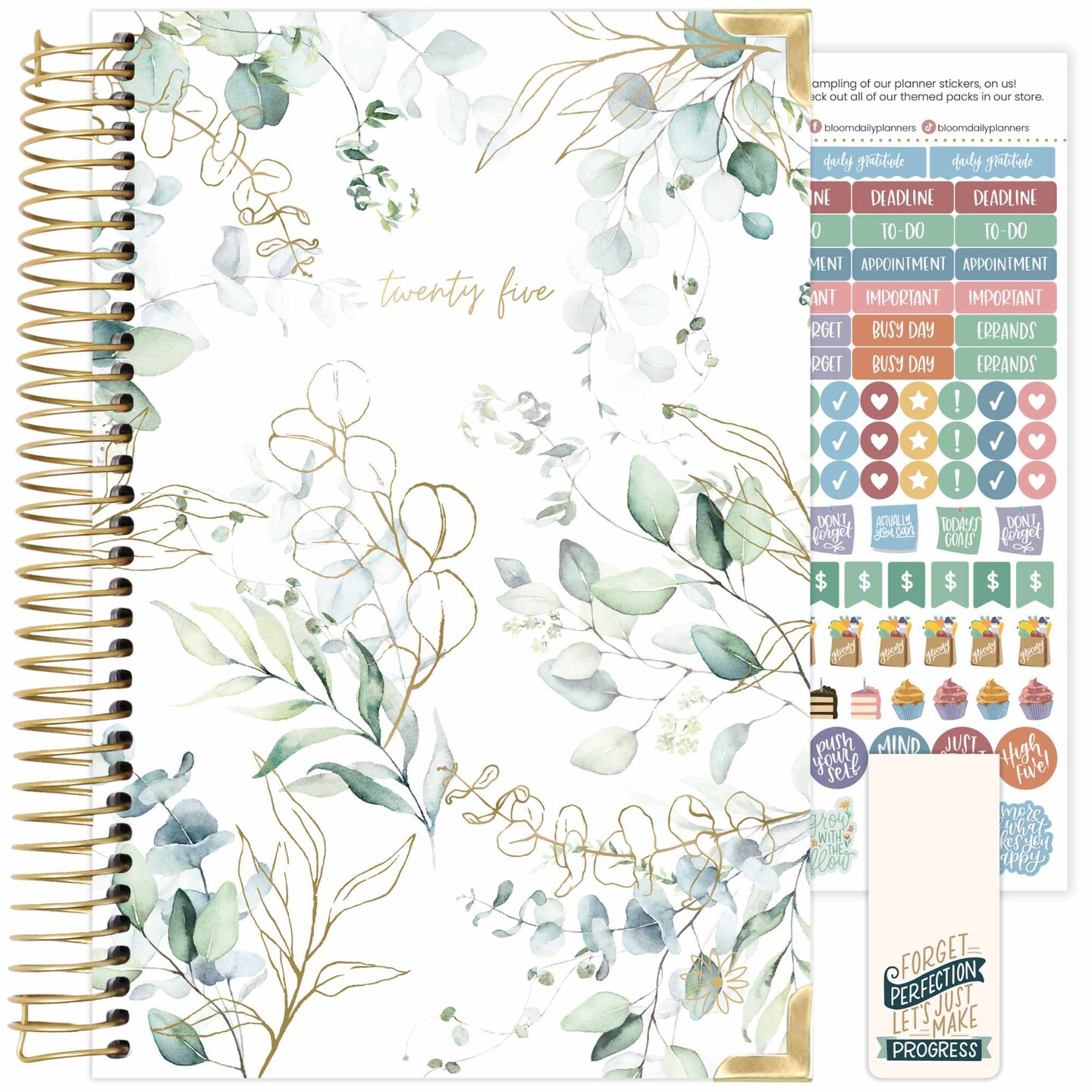 bloom daily planners 2025 Hard Cover Planner, 5.5&#x22; x 8.25&#x22;, Eucalyptus, White