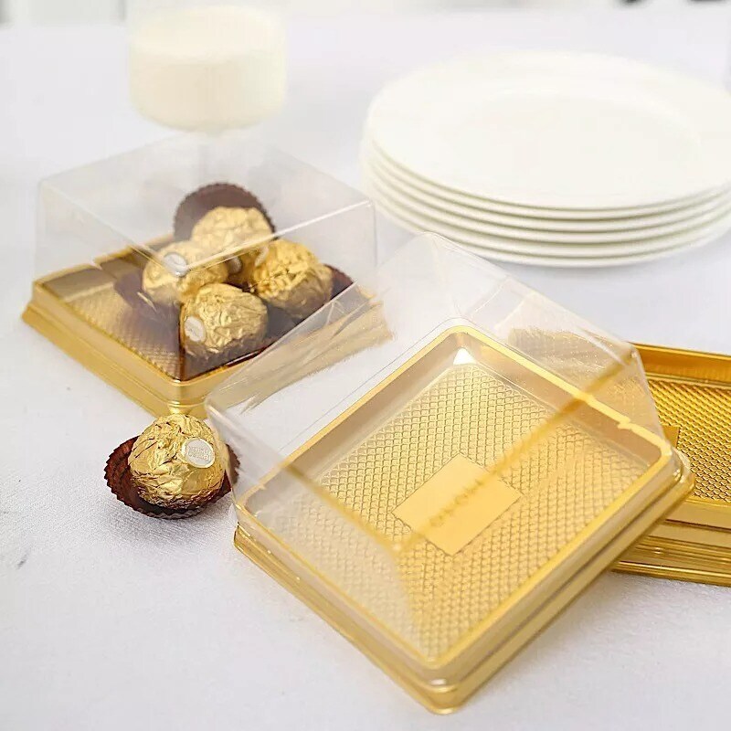 Clear Gold 50 Square 4" Plastic Mini Dessert Favor Boxes Cupcake Holders Party