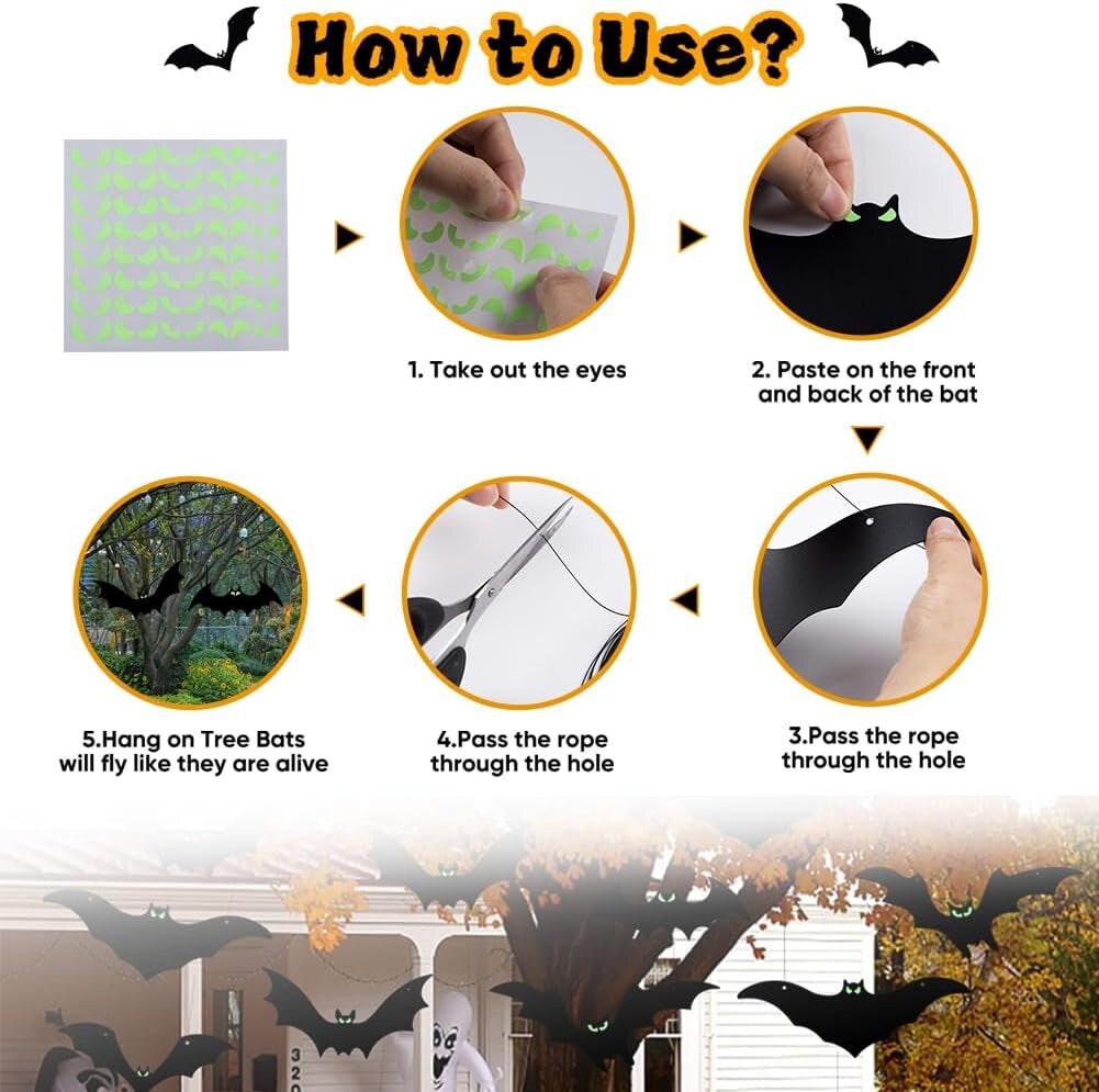 Hanging Bats Halloween Decorations Outdoor - 16 Pack Large Flying Bats 5 Different Size, Waterproof Plastic Black Bats with Glowing Eyes Hanging in Tree outside D&#xE9;cor for Porch, Lawn
