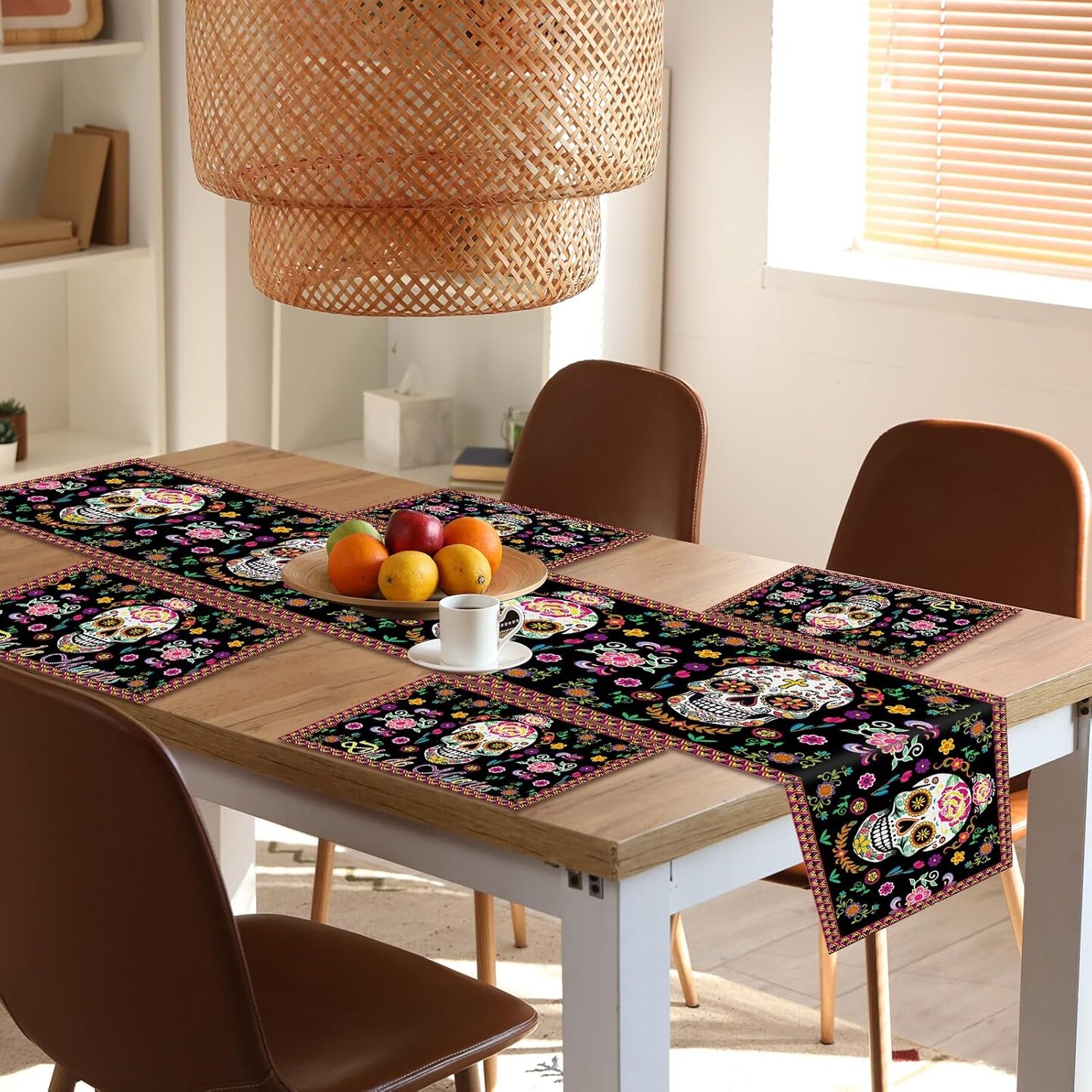 Day of The Dead Table Runner with Day of the Dead Place Mat for Day of the Dead Party Decorations