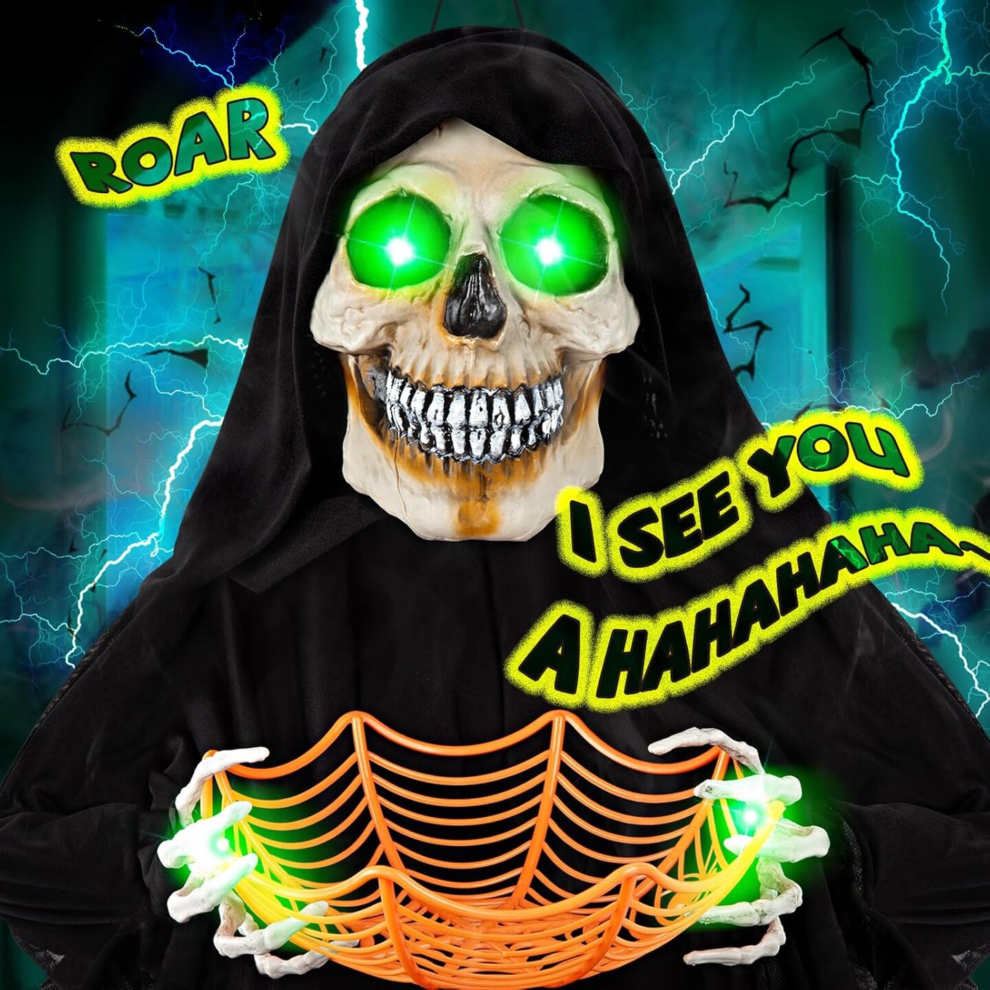 71&#x201D; Halloween Hanging Animated Skeleton Ghost Decoration with Sound Activated, Candy Dish, Glowing Eyes, Spooky Sounds for Halloween Haunted House Prop and Party Decor, Indoor/Outdoor Display