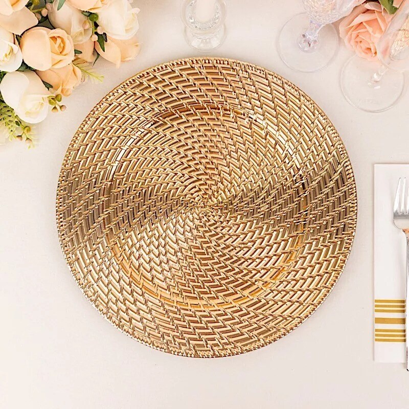 Gold 6 Metallic 13&#x22; Swirl Rattan Acrylic Round Charger Plates Party Tableware