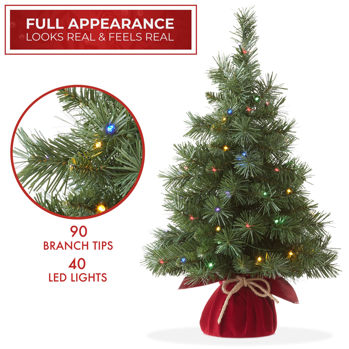 Casafield 2FT Pre-Lit Artificial Mini Christmas Tree, Fir Tabletop Holiday Tree with Lights and Velvet Bag Base