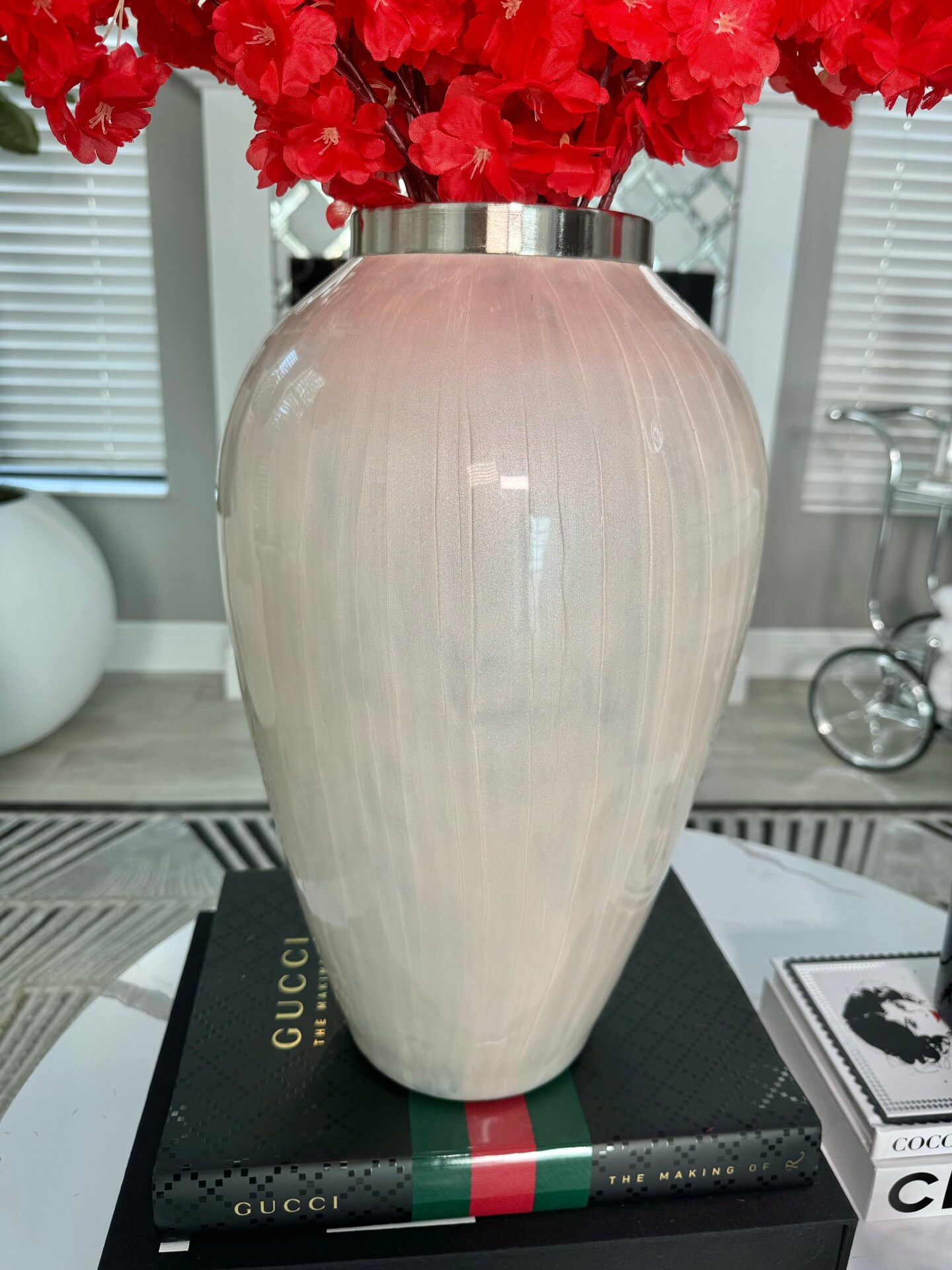 Glass, 17&#x22;h Vase W/ Metal Ring, Pearl