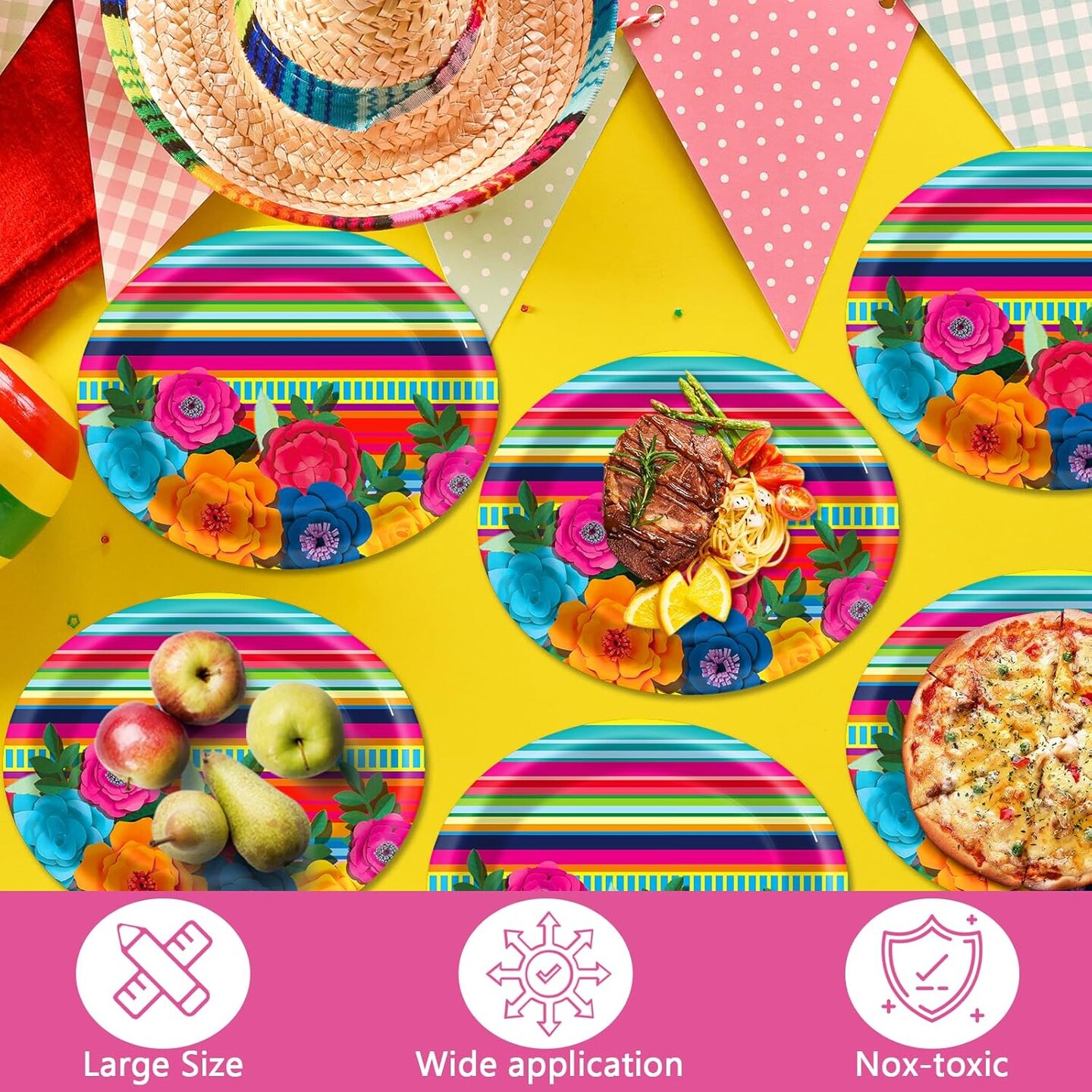 50PCS Mexican Fiesta Oval Paper Plates Large 11&#x201D; Disposable Mexican Theme Party Decorations Floral Stripes Supplies Favor for Day of The Dead Mexico Pinata Taco Platters Party Tableware Set