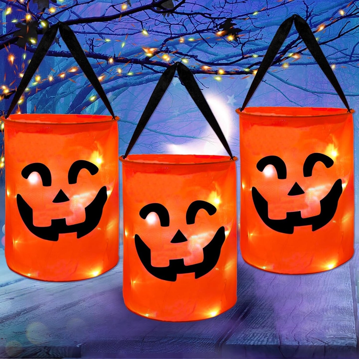 LED Light Halloween Candy Bags for Kids Light up Multipurpose Halloween Trick or Treat Bucket with Pumpkin Smile Face for Halloween Party Favors Goodie Bags,Orange