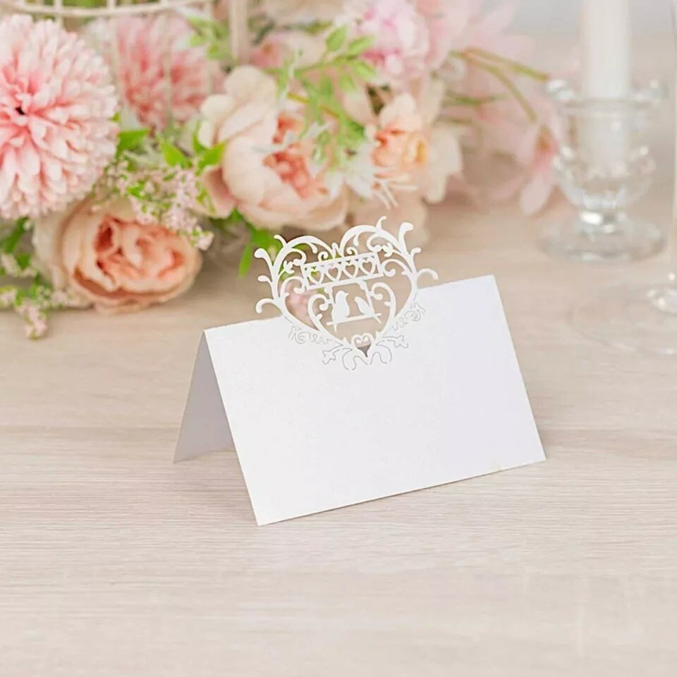 50 White Paper Table Name Place Cards Laser Cut Heart Top Party Events Supplies