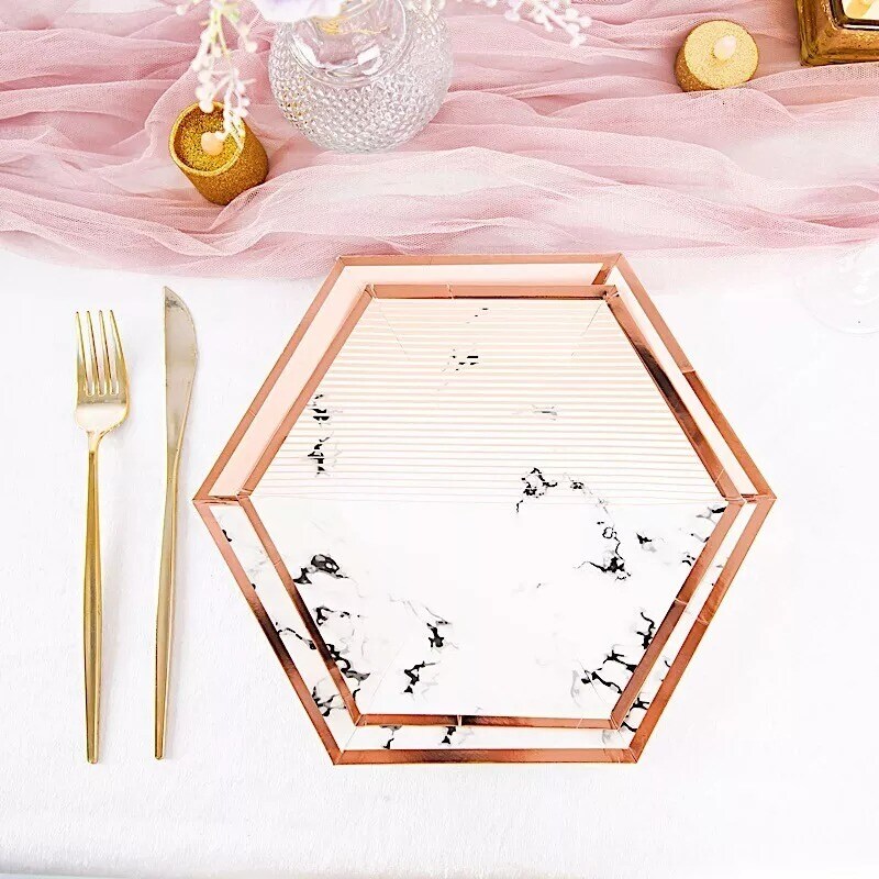 50 Marble Rose Gold Hexagon Salad Dinner Paper Plates Party Tableware