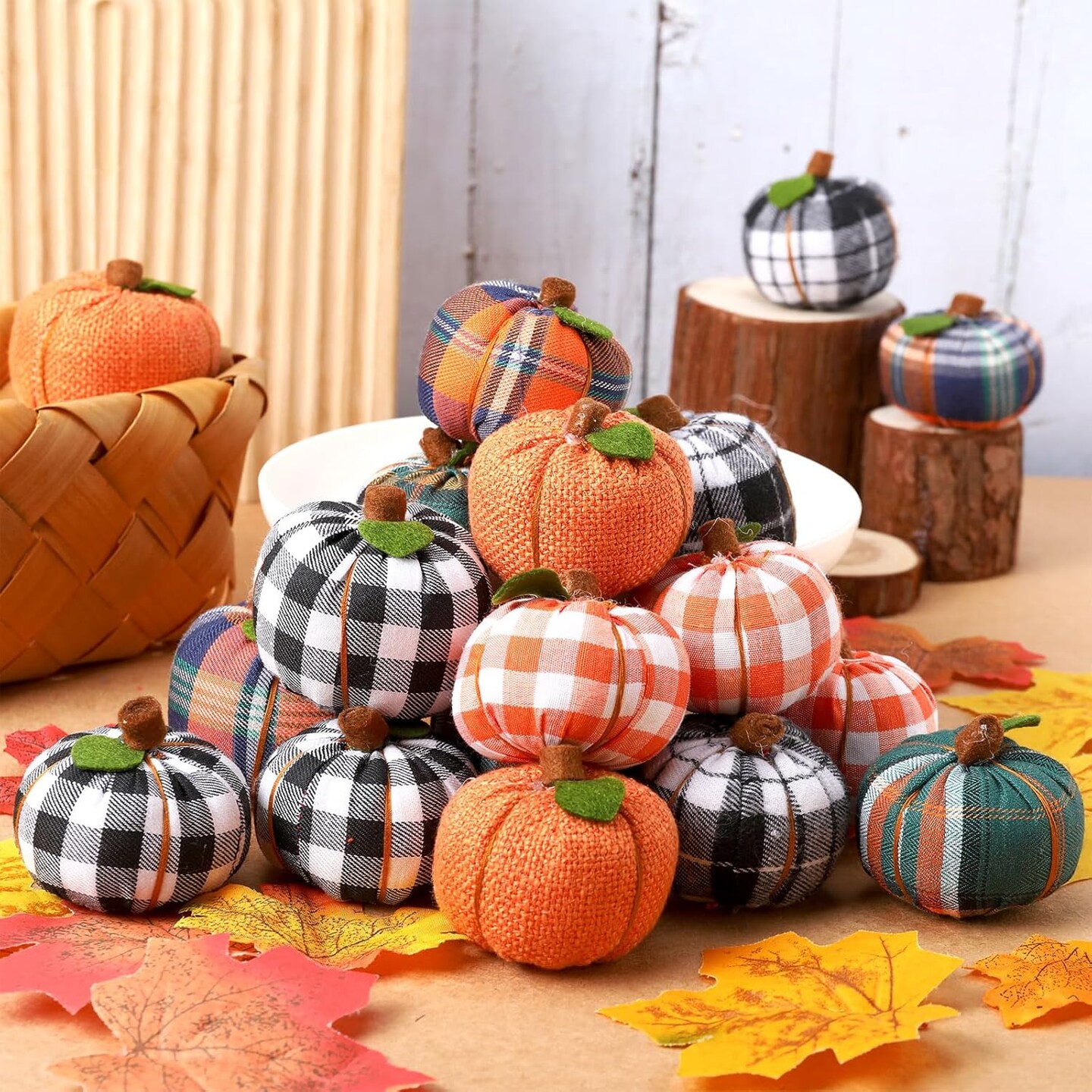 Pumpkins Fabric Pumpkins Decoration Mini Buffalo Plaid Pumpkins Faux Harvest White Pumpkins for Fall Wedding Halloween Thanksgiving Party Decoration (Simple)