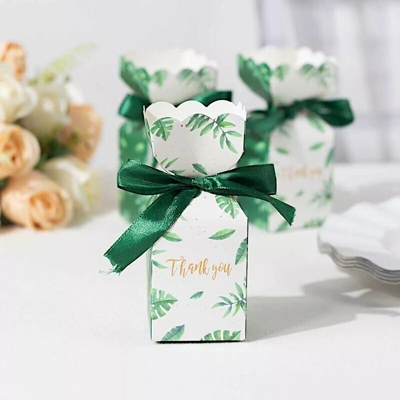 25 White Green Leaves Print Gift Favor Boxes with Satin Ribbon Party Supplies