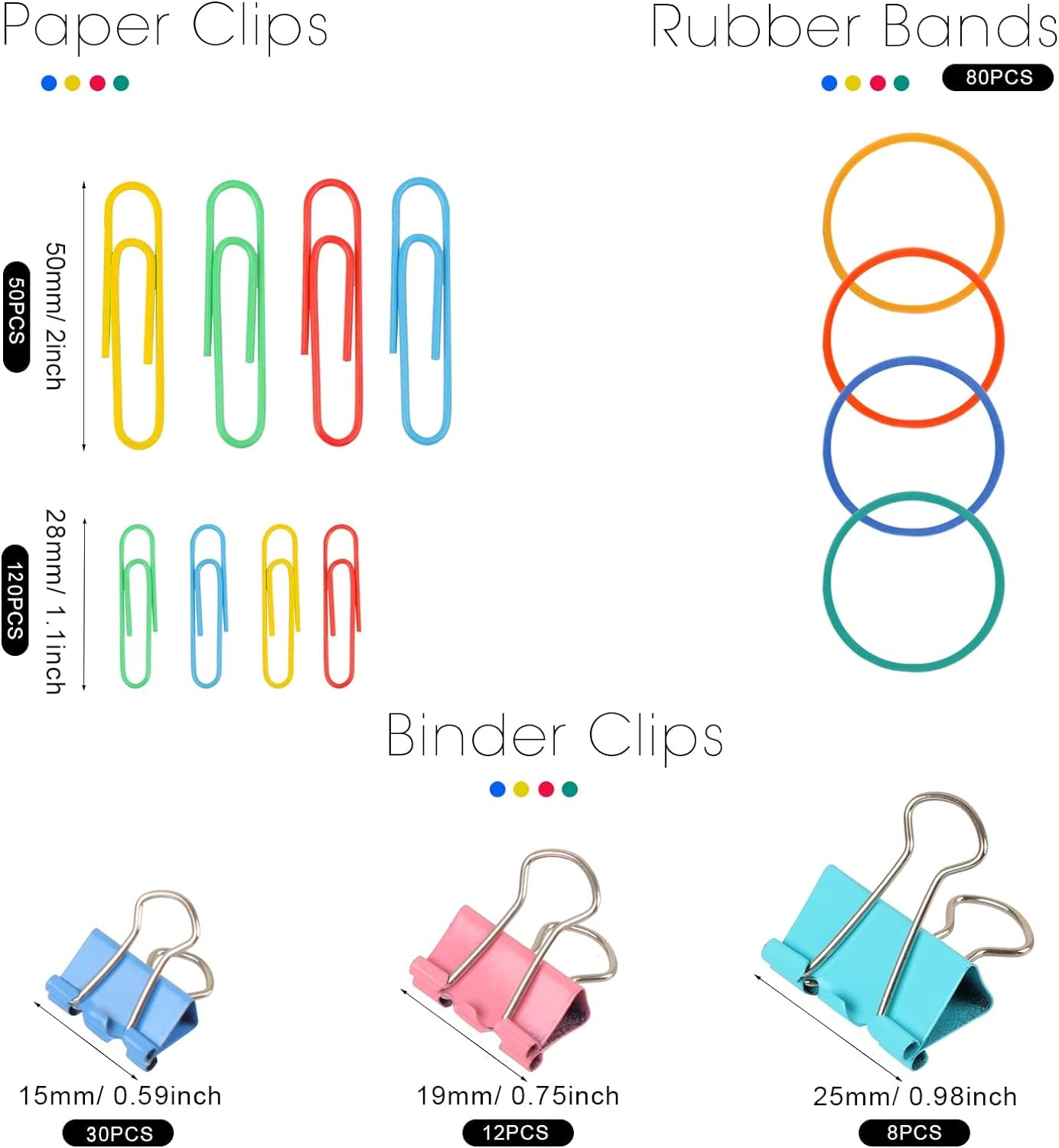 300 Pcs Paper Clips, Binder Clips and Rubber Bands, Office Supply Set, Paper Clips and Paper Clamps, School Supplies Office Supplies Teacher Supplies for Office Desk Essentials (Assorted Sizes)