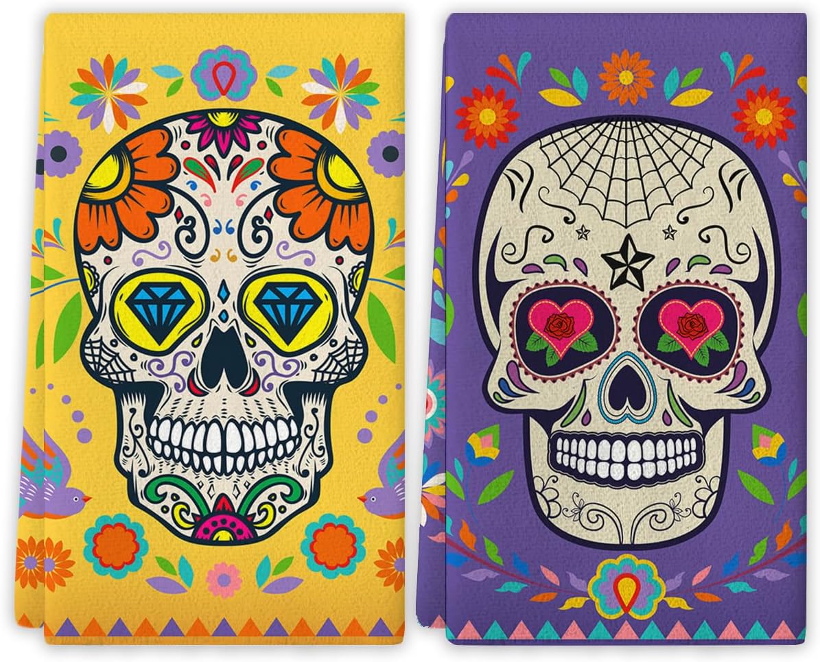 Day of The Dead Dish Towels for Kitchen Dia De Los Muertos Kitchen Towels Mexican Sugar Skull Marigolds Floral Decor Day of The Dead Decorations for Home Party