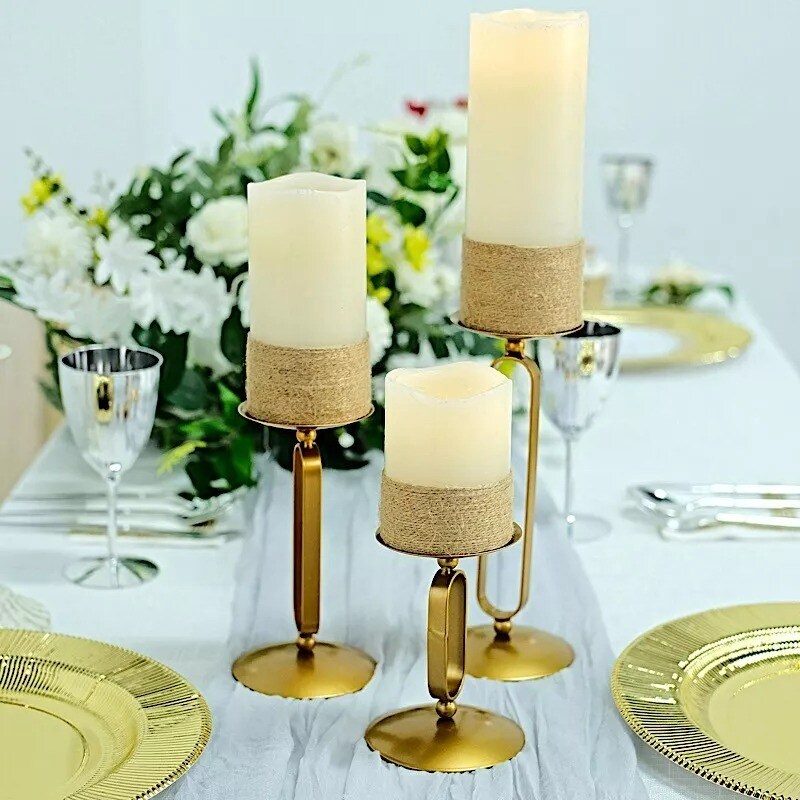 3 Gold Geometric Oval Metal Pillar Candle Holders Wedding Party Events Supplies
