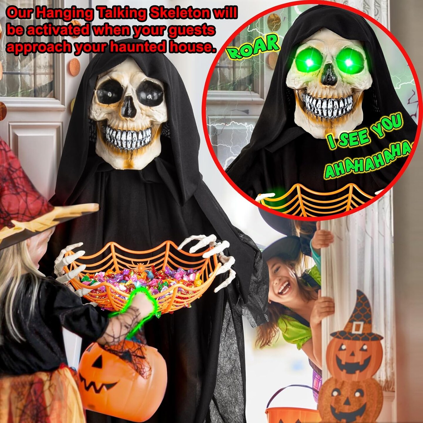 71&#x201D; Halloween Hanging Animated Skeleton Ghost Decoration with Sound Activated, Candy Dish, Glowing Eyes, Spooky Sounds for Halloween Haunted House Prop and Party Decor, Indoor/Outdoor Display