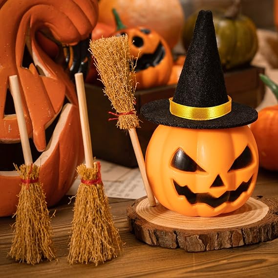 Felt Witch Hats and Brooms for Halloween Handmade Wine Bottle Party Decor