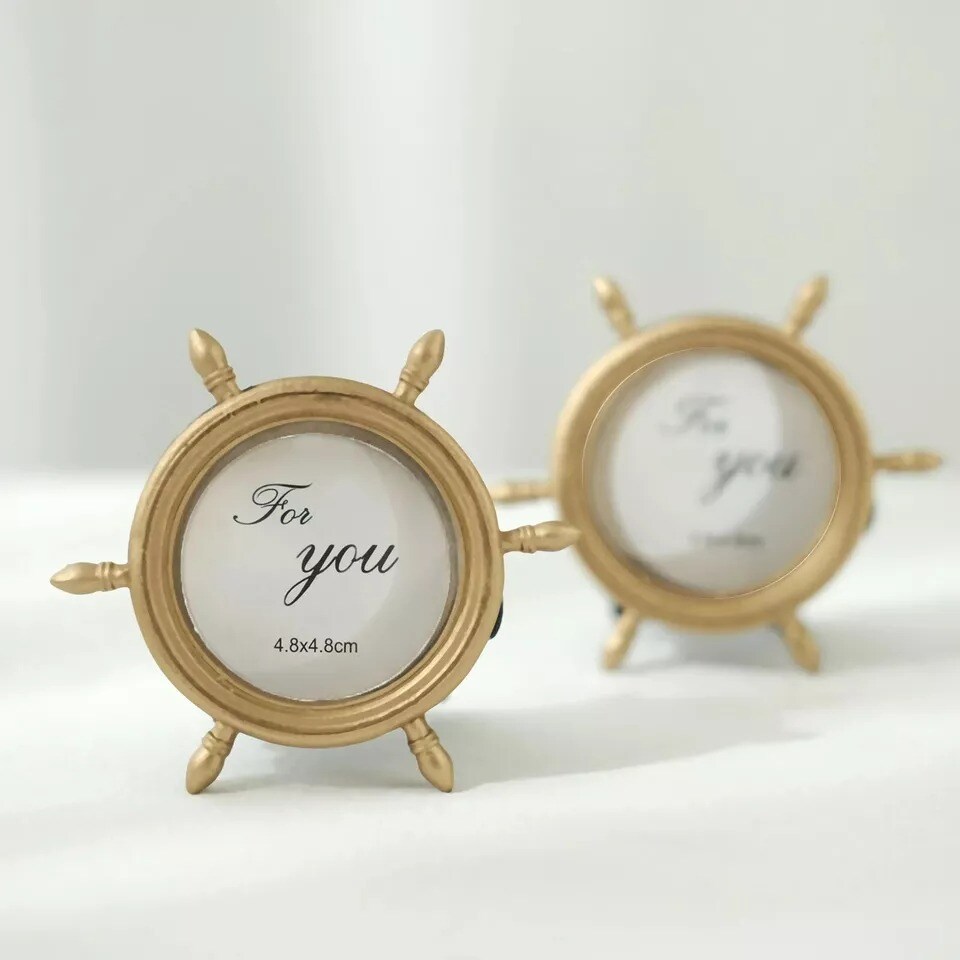 Gold 4 Mini Ship Wheel 3.5&#x22; Round Picture Frames Wedding Favors Party Events