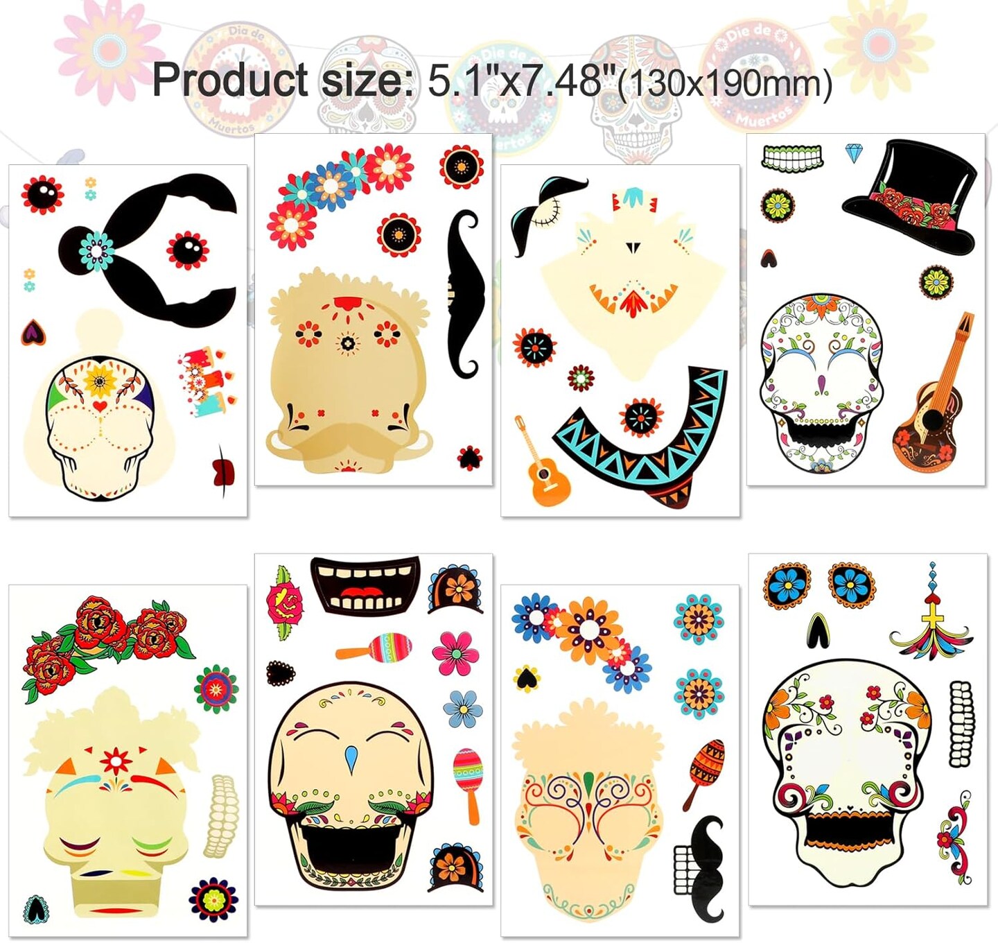 Day of The Dead DIY Stickers, 24 Sheets Halloween Sugar Skull Crafts Gift Dia De Los Muertos Party Games Supplies Make Your Own Skull Stickers for Kids
