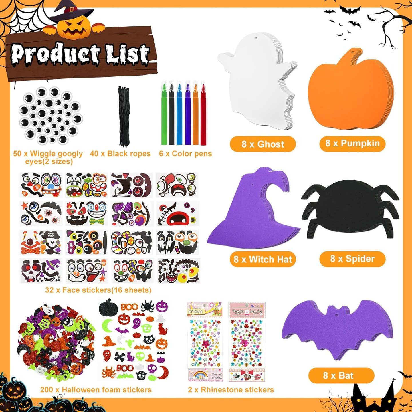 DIY Halloween Crafts Pumpkin Ghost Spider Bat Witch Hat Halloween Decorations, Foam Halloween Ornaments Kit for Party Favors Supplies