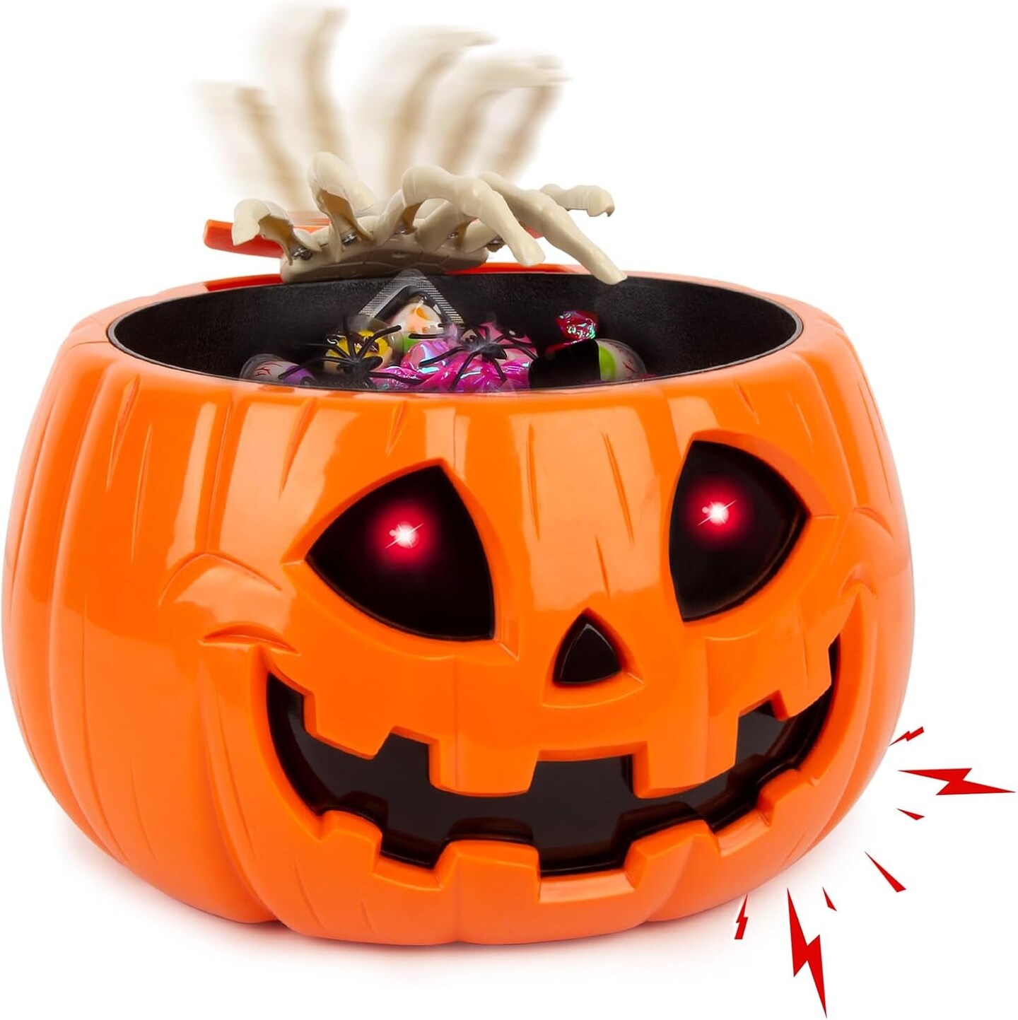 Animatronic Halloween Candy Bowl Decorations - Motion Activated Pumpkin Candy Bowl with Creepy Sound, Skull Hand, Glowing Eyes, for Trick or Treat, Indoor Halloween Party Decoration Candy Bowl